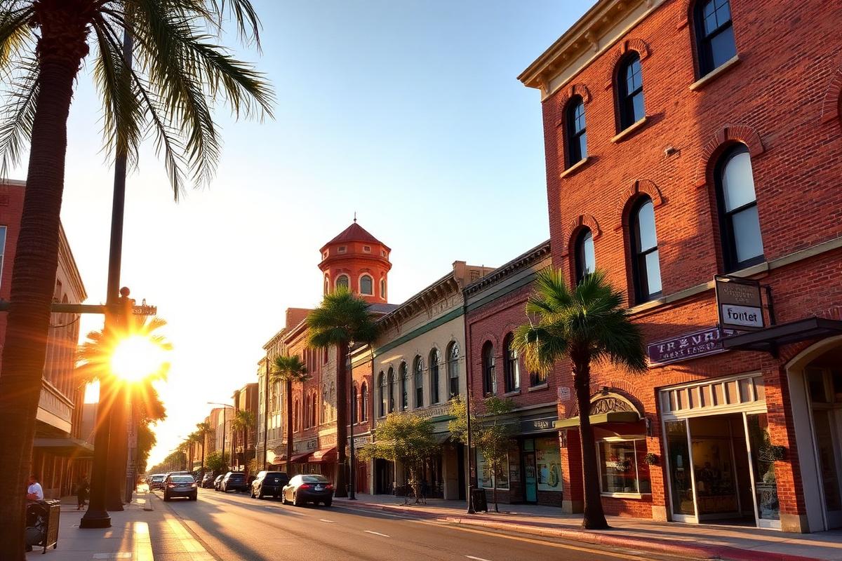 Historic Fourth Street in Downtown Santa Ana at golden hour