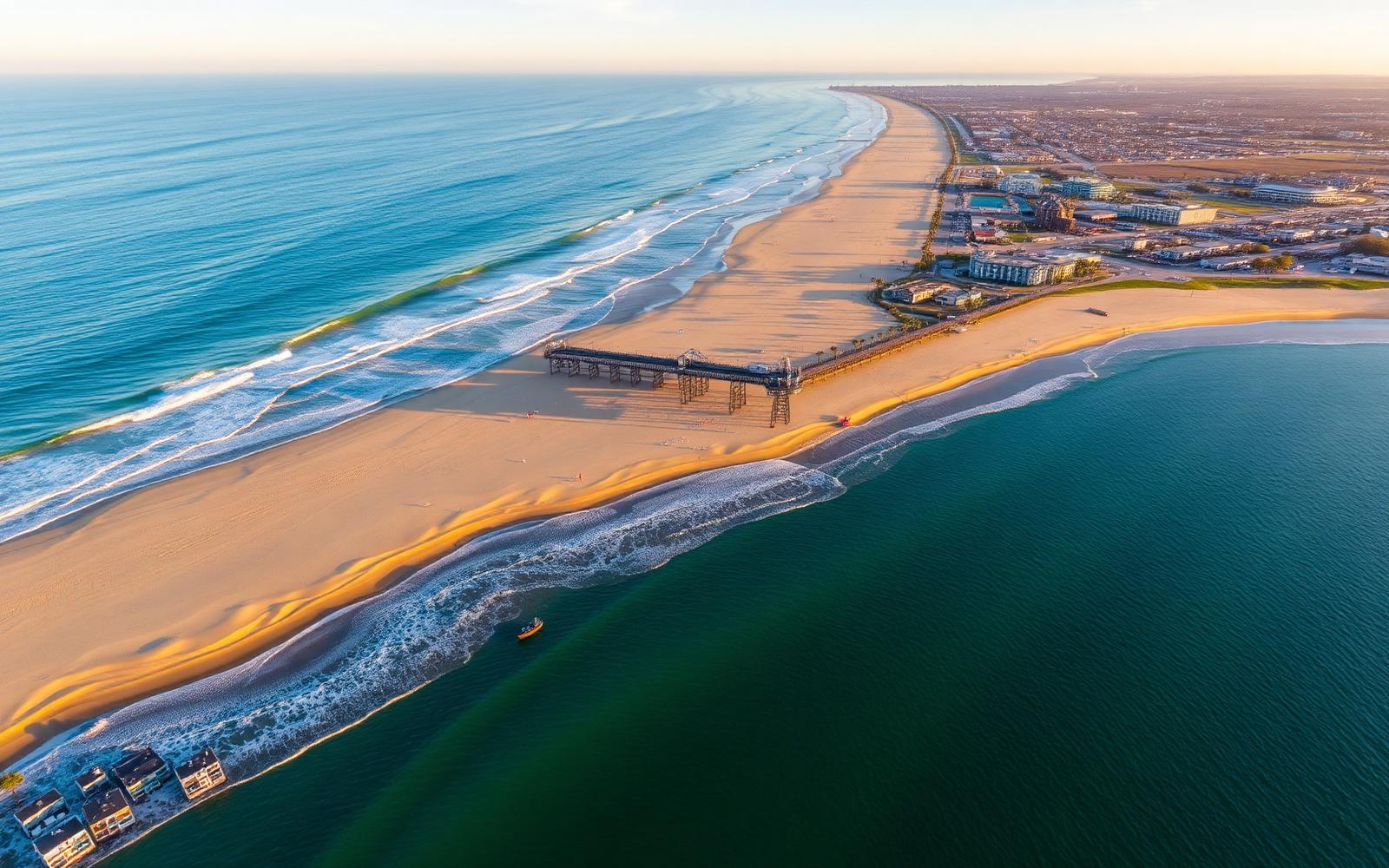 Aerial view of the Huntington Beach coastline and pier