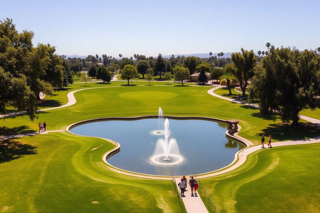 Mile Square Regional Park lake and open lawns in Fountain Valley