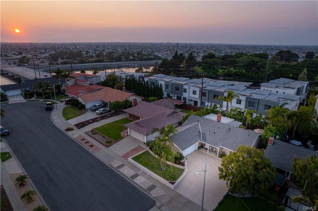Aerial view of the Costa Mesa Bluffs neighborhood at sunset