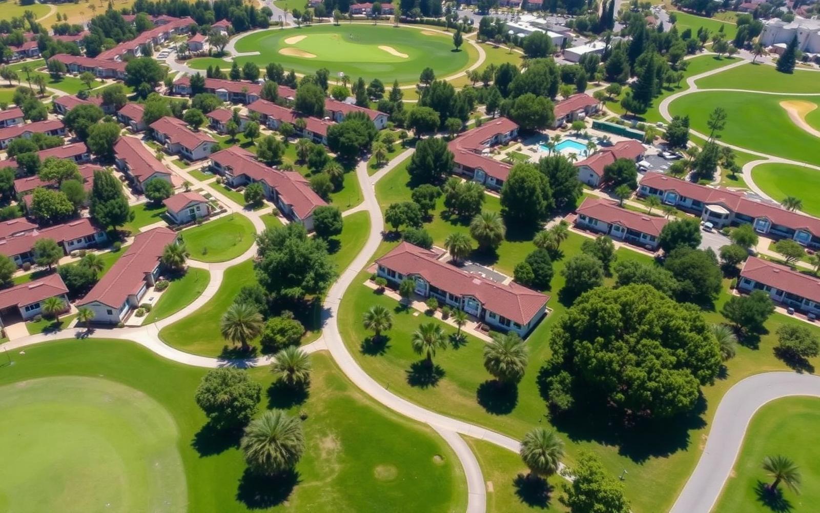 Aerial view of the guard-gated Leisure World Seal Beach community with golf course and clubhouses