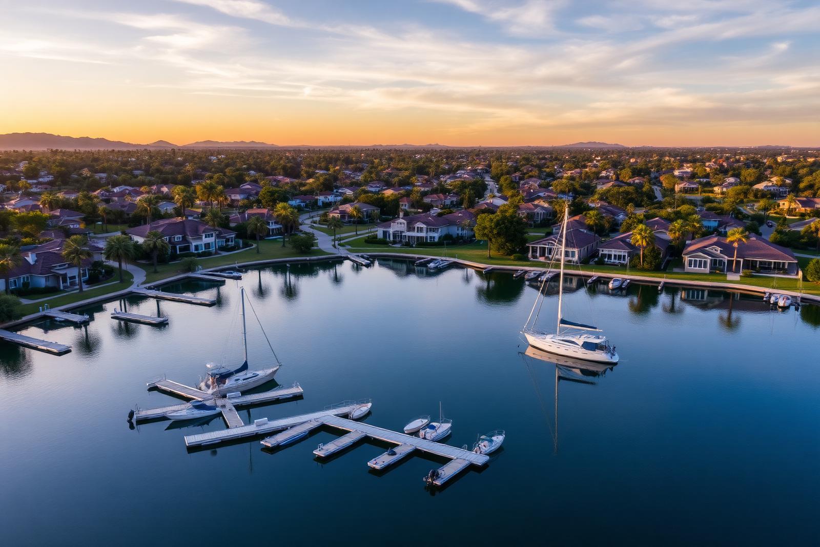 Woodbridge lake with docks and sailboats in Irvine, California