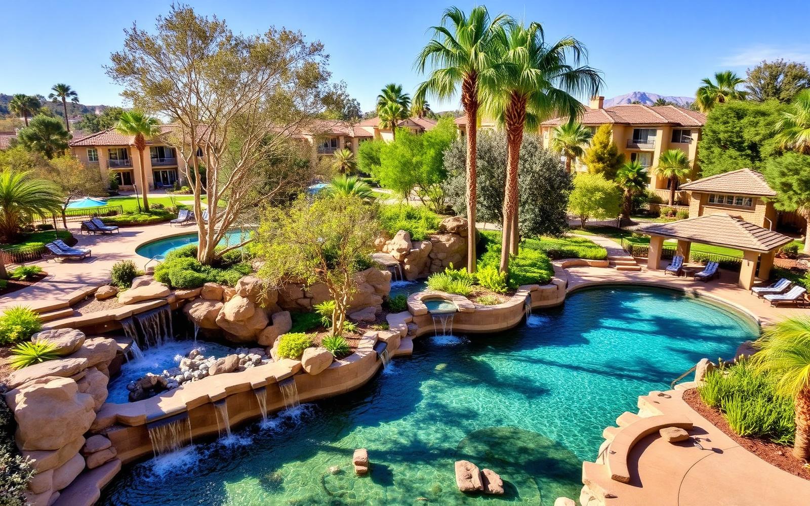 Resort-style community pool and waterfalls at Seabridge Village