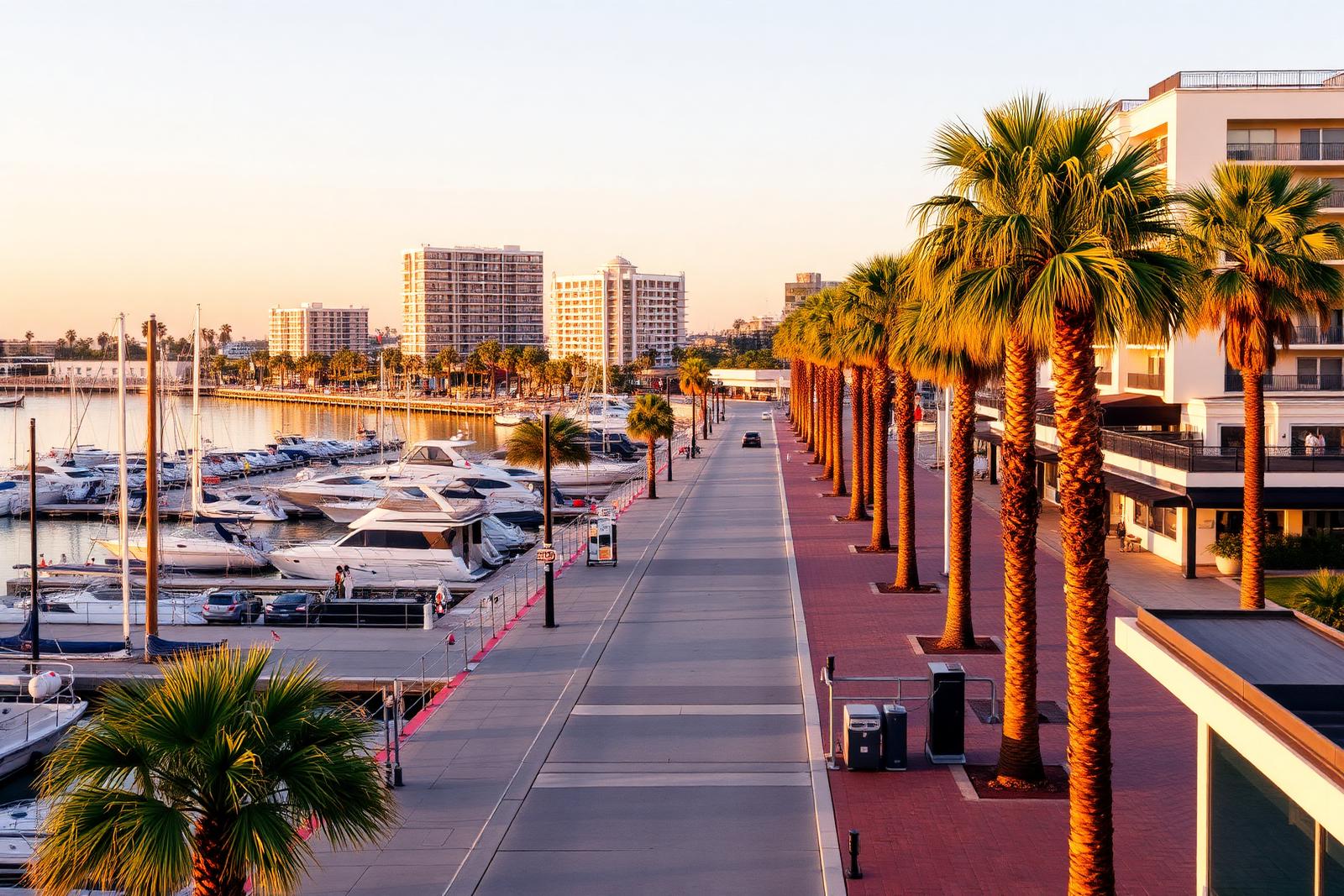 Downtown Long Beach waterfront and marina at golden hour