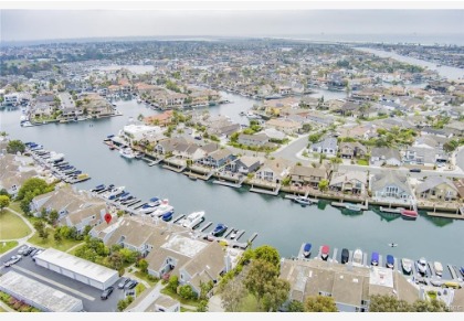 Aerial of Huntington Harbour waterways, marinas, and coastal neighborhoods