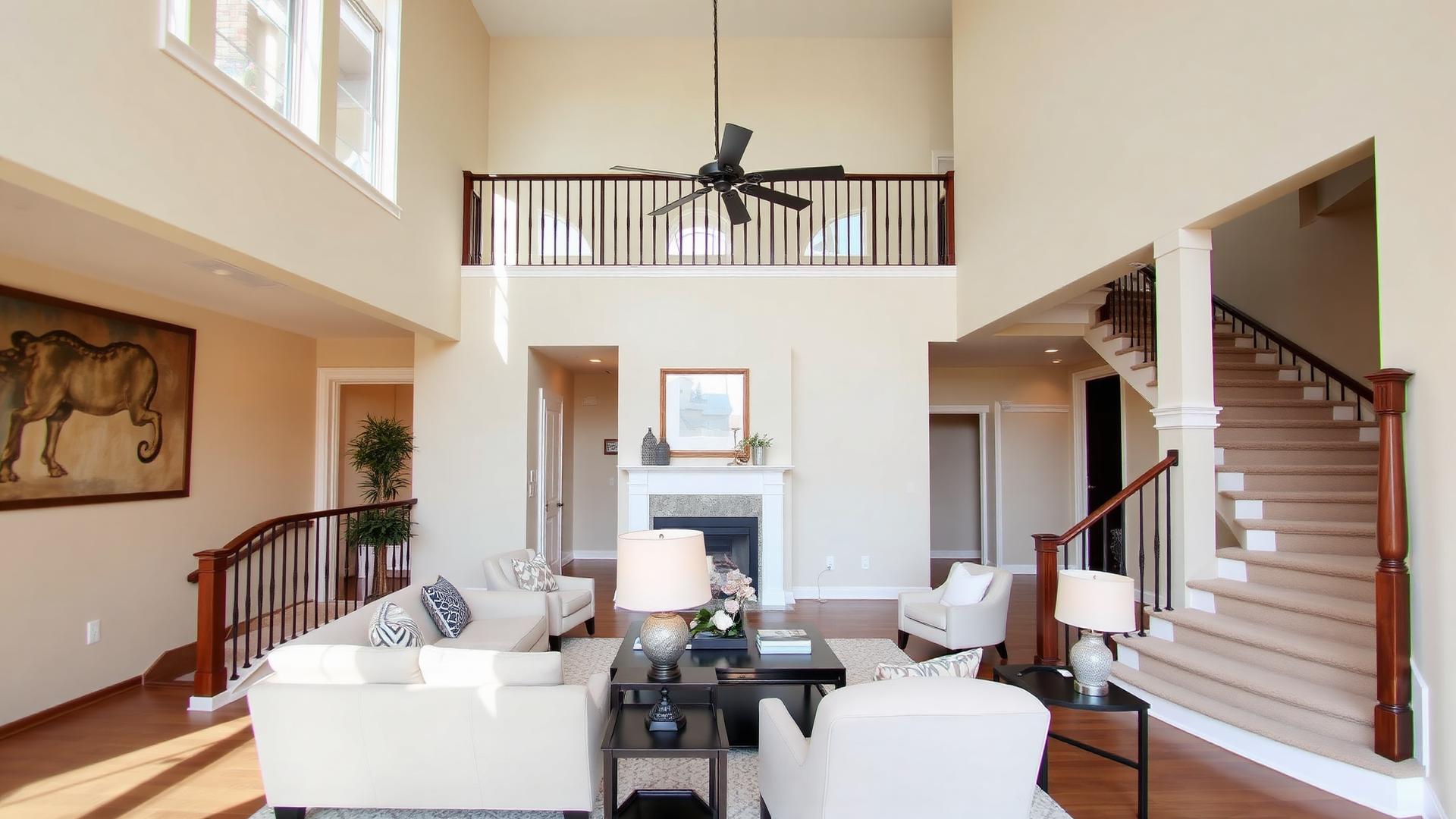 51 Ashbrook #67 — living room with soaring ceiling and staircase