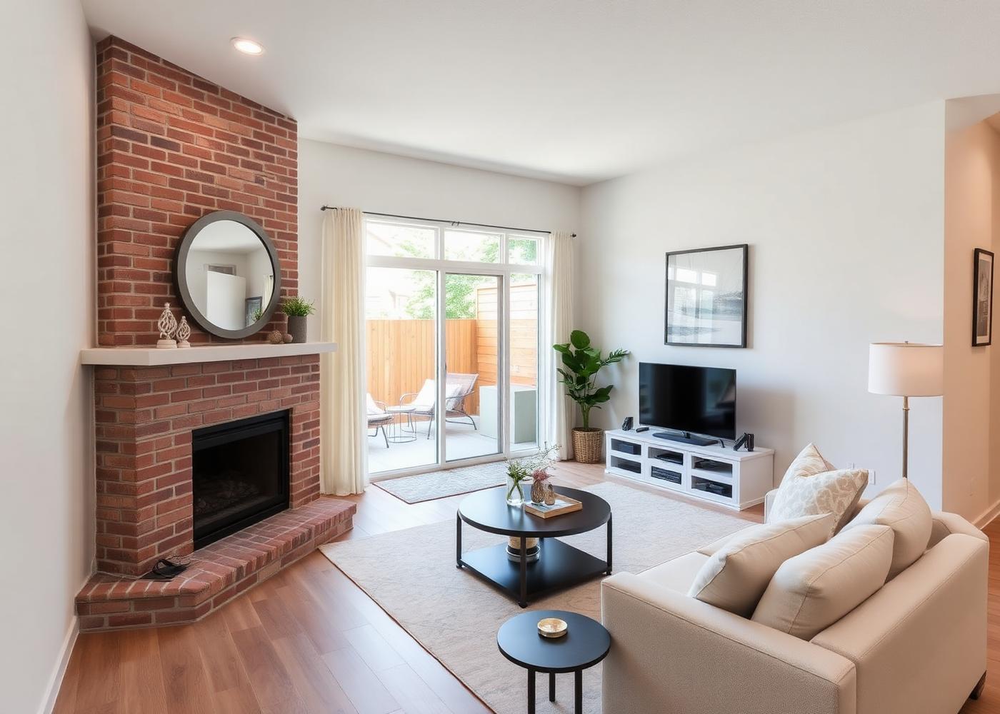 38 Navarre #138 — living room with brick fireplace and patio slider