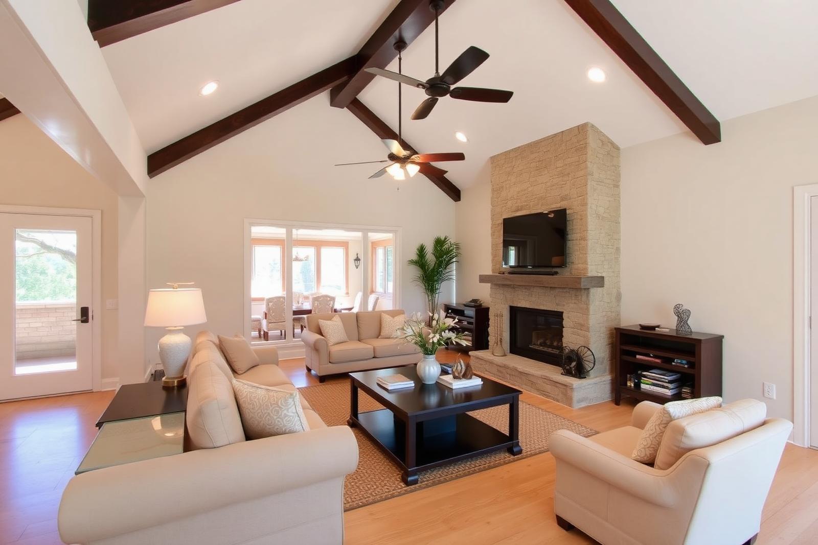 25191 Via Piedra Blanca — vaulted beamed living room with stone fireplace