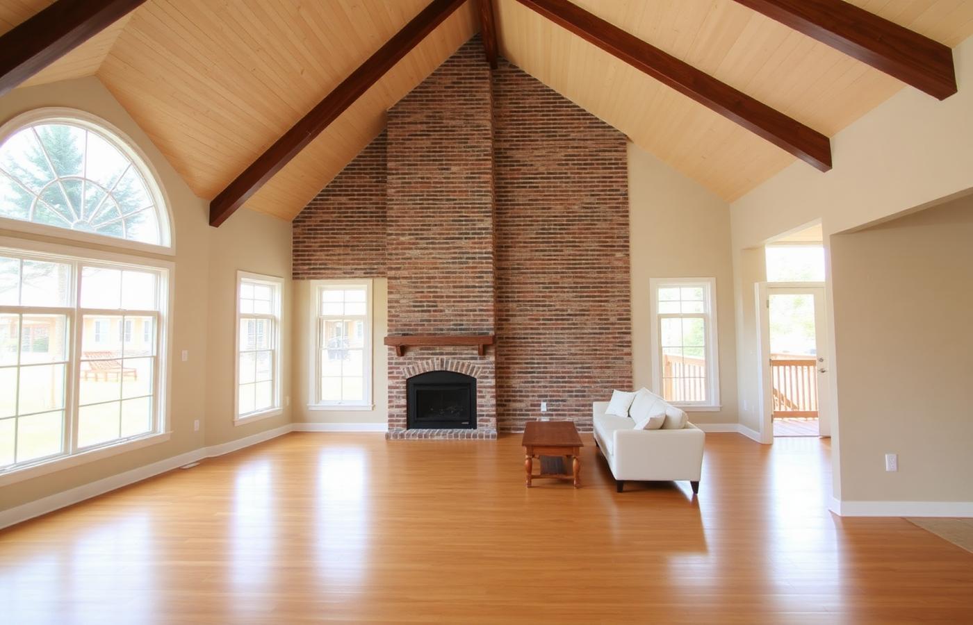 17986 Santa Olivia St — living room with vaulted ceiling and brick fireplace