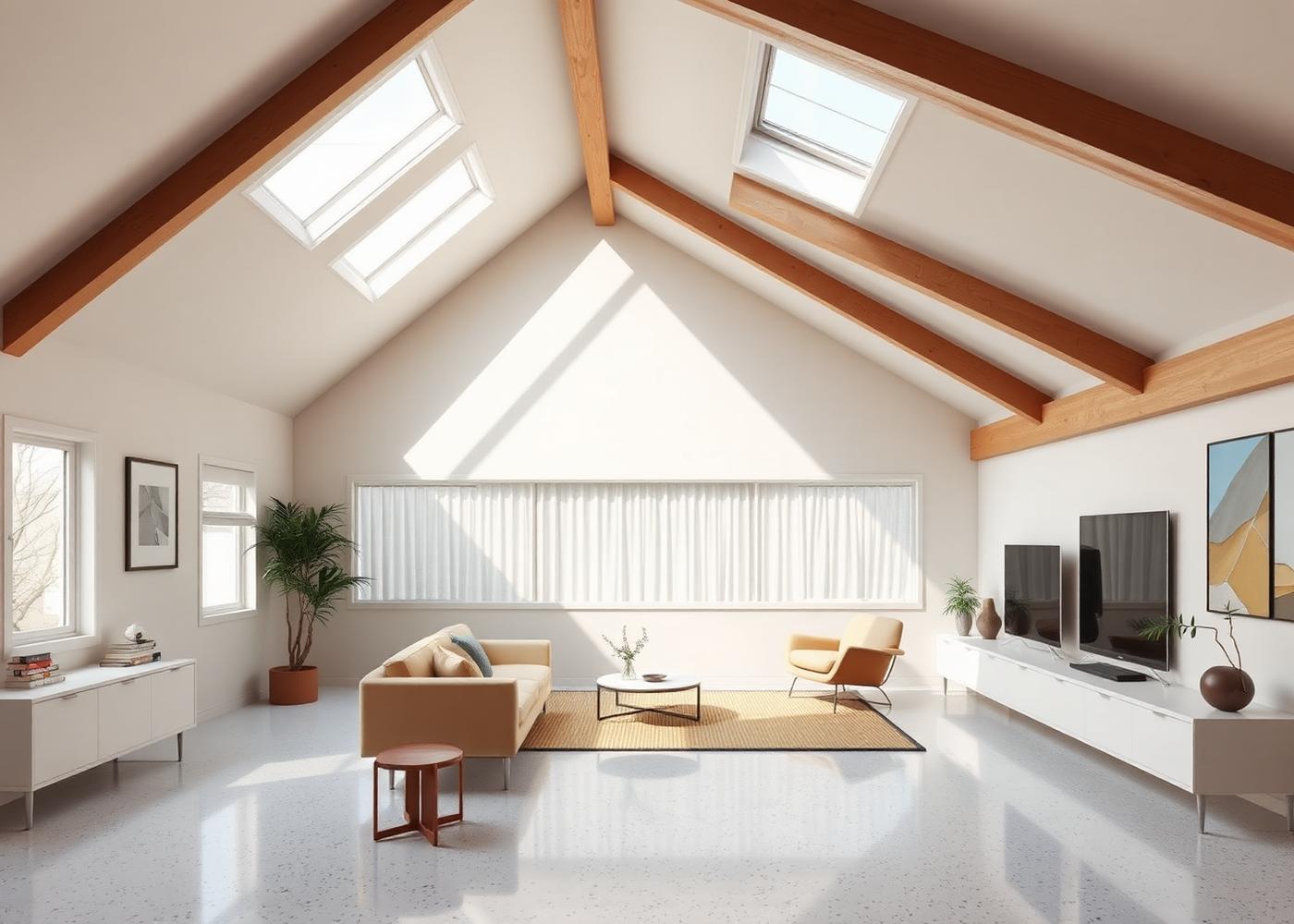 24 Rockrose Way — vaulted mid-century living room with skylights