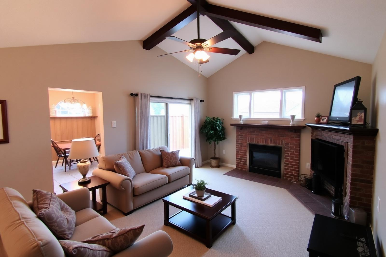 13951 Falmouth Walk — vaulted living room with brick fireplace