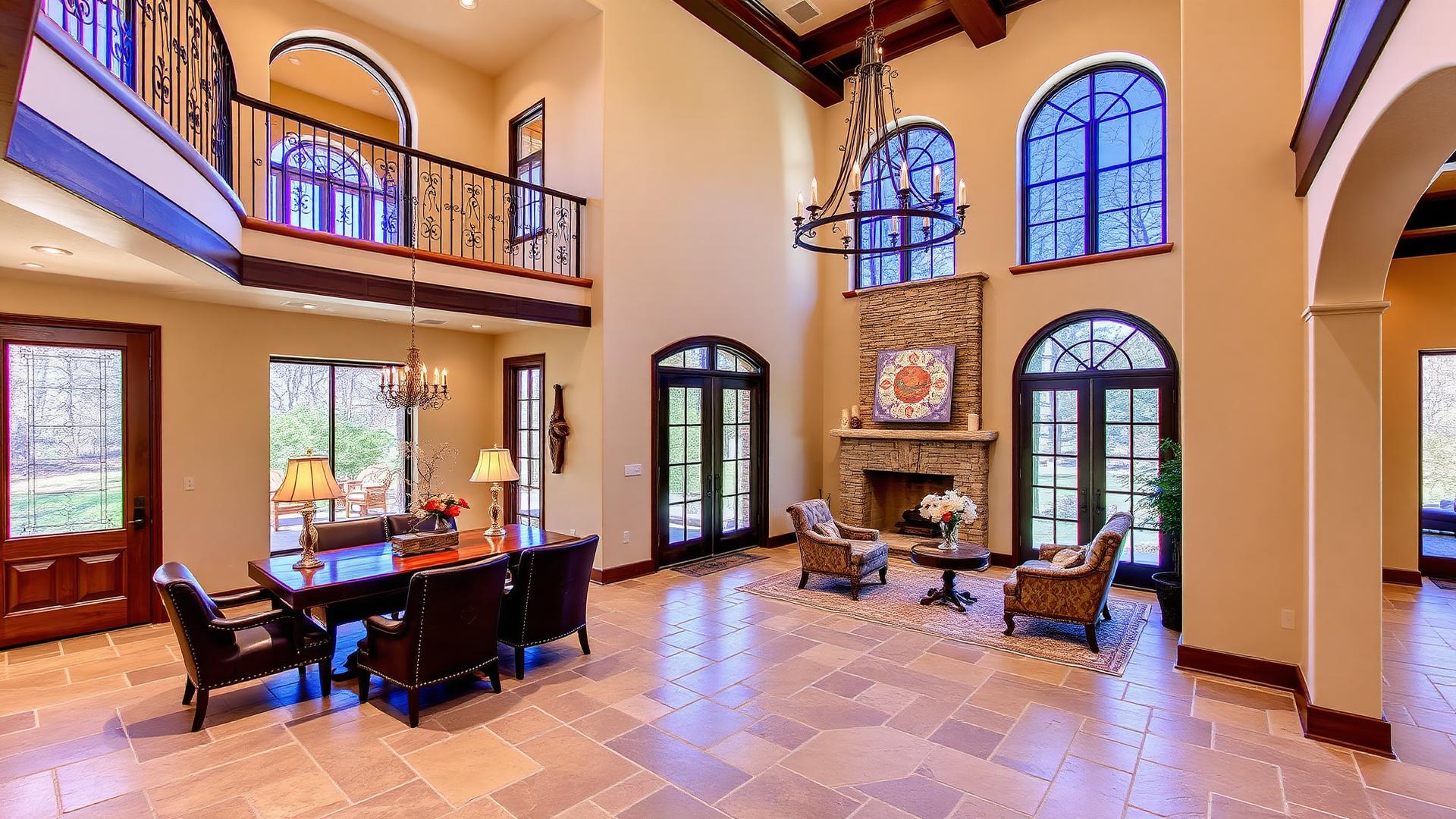 20 Blue Summit — two-story entry and great room with iron chandelier