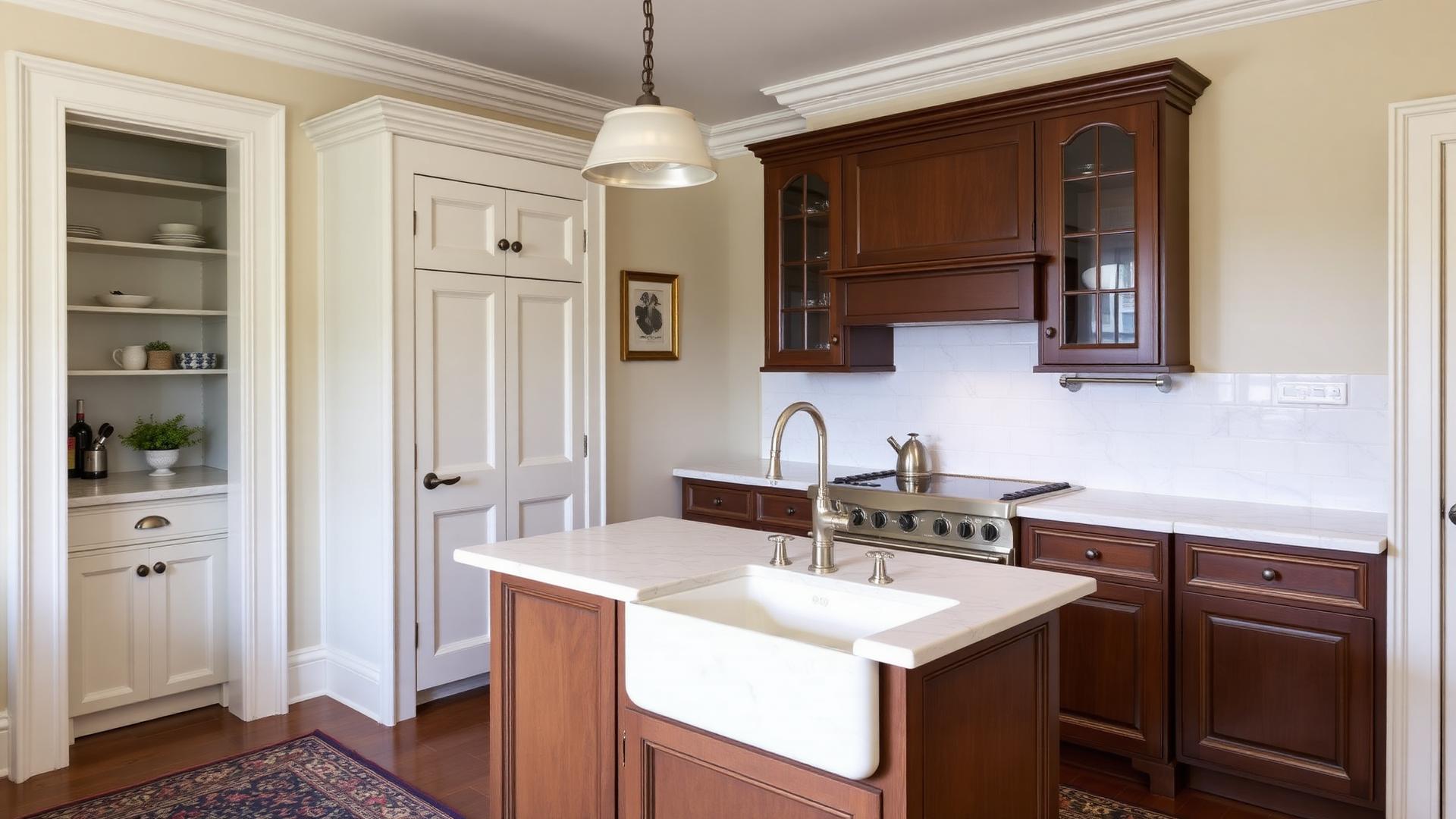 4057 Pine — restored kitchen with marble counters and farmhouse sink