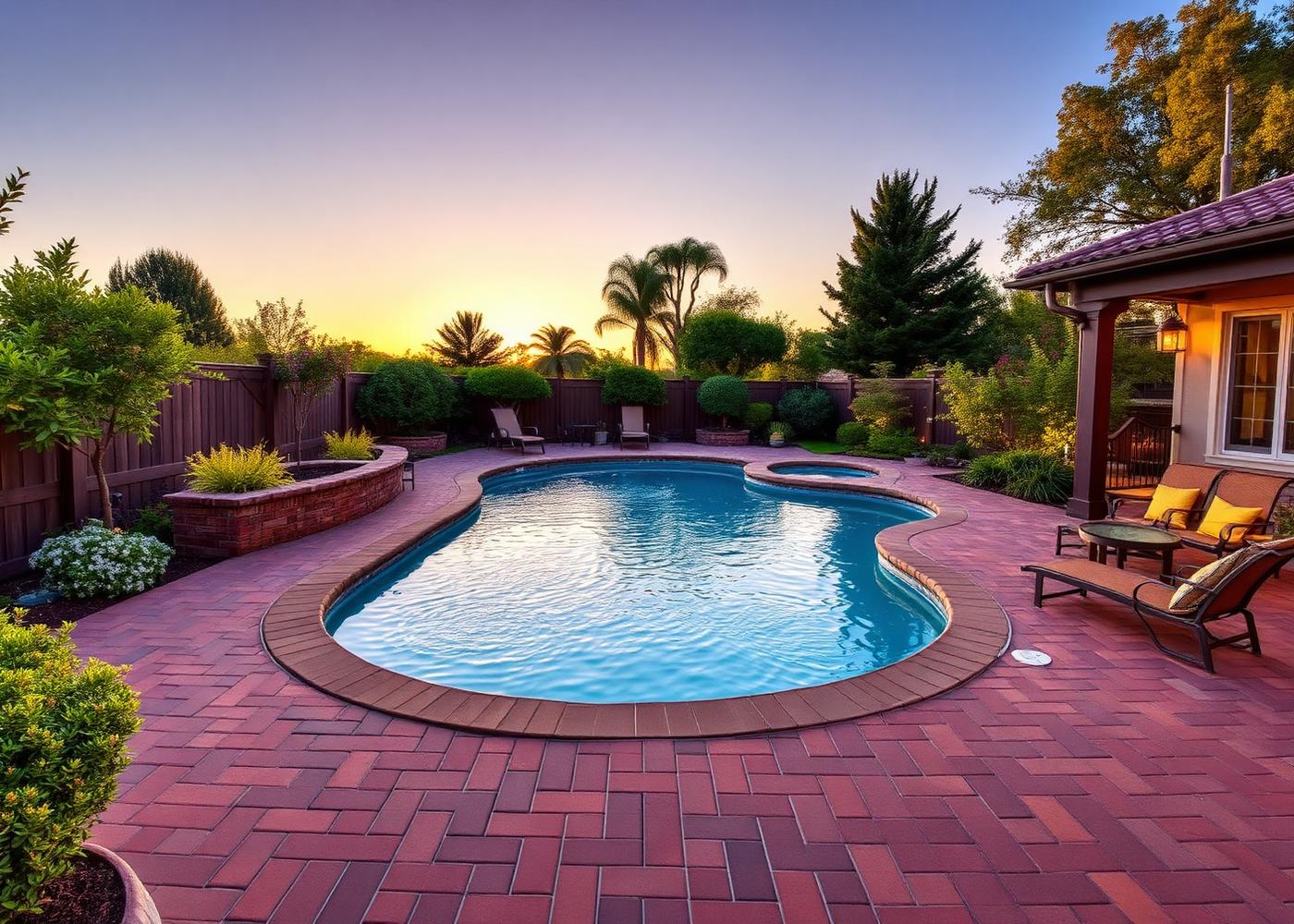 9 Teakwood — pool and brick patio at sunset