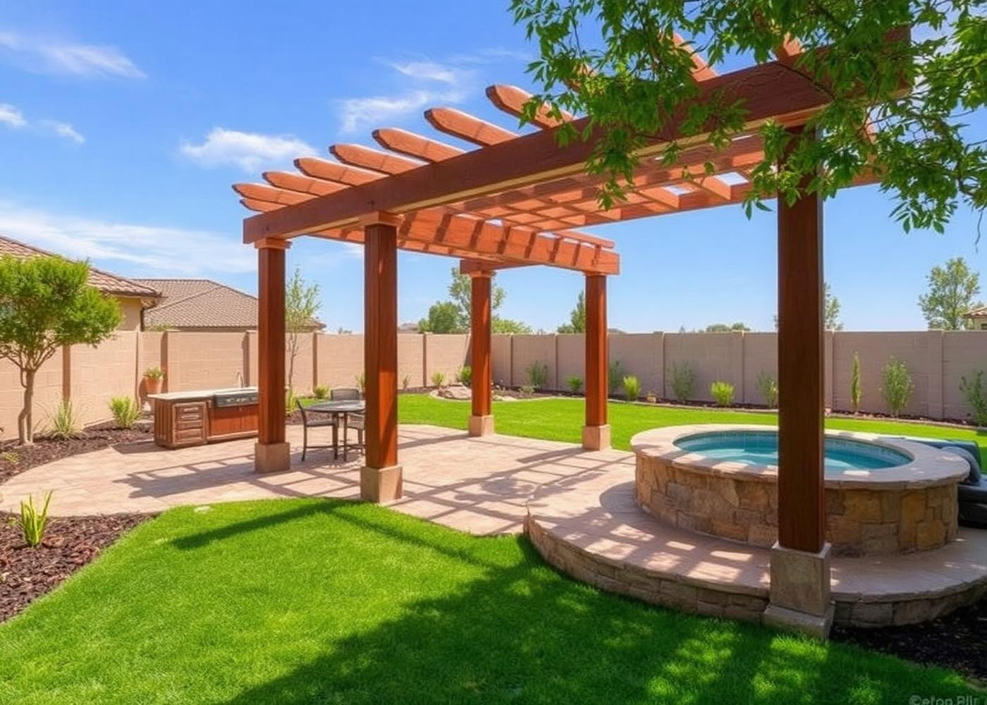 15 Bel Springs — backyard with pergola, spa and lawn