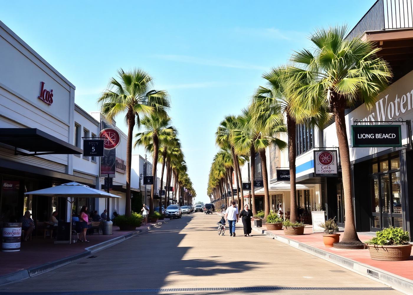 Walkable Long Beach retail street with cafes and shops
