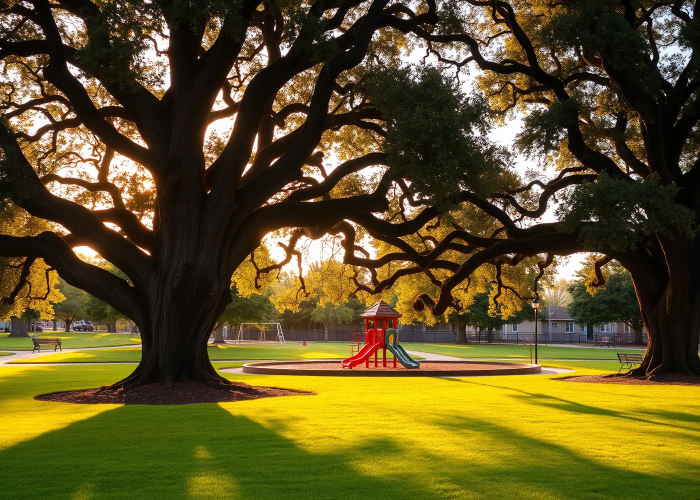 Neighborhood park with mature oaks and playground in Orange County